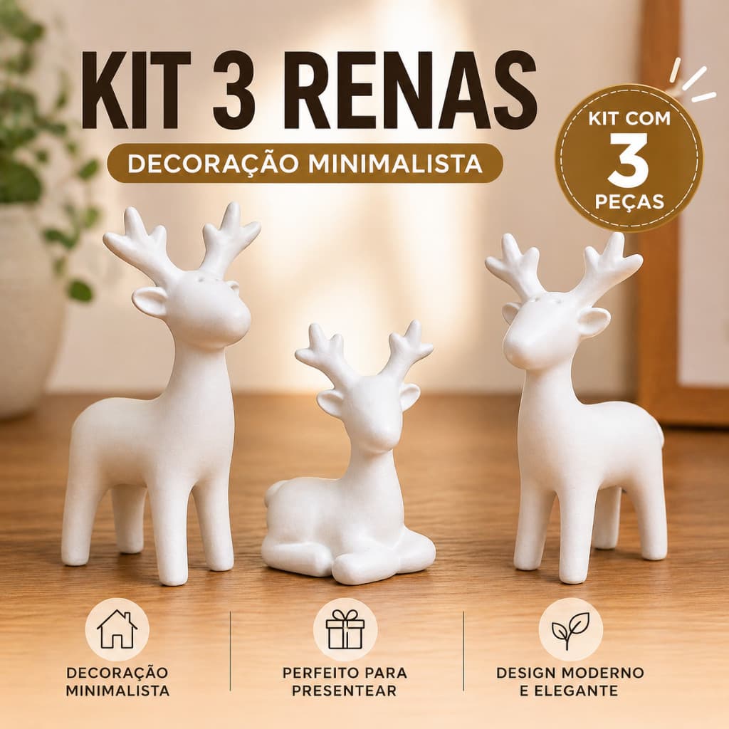Kit 3 Renas Decorativas Minimalistas Cervo Enfeite Sala Quarto Decoração Moderna