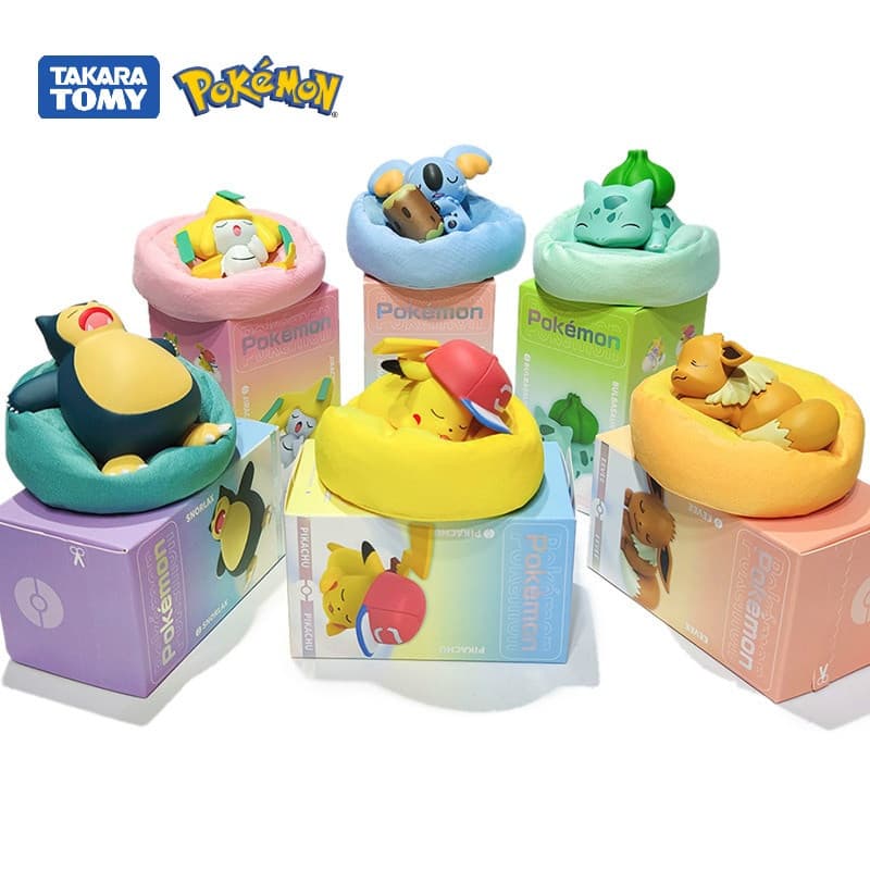 Original Pokemon Sleeping Series Pikachu Jirachi Eevee Komala Snorlax Bulbasaur Anime Figuras com brinquedo de bonecas m