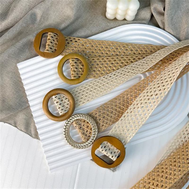 Boêmio 4 ampla imitação de palha trançado fivela redonda cinto feminino moda All-Match cinto decorativo nicho simples te