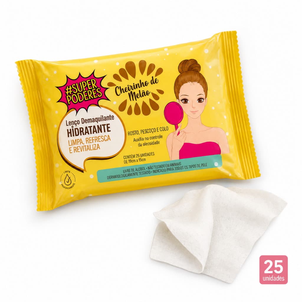 Lenços Demaquilantes Hidratantes Super Poderes Cheirinho de Melão Limpa Refresca e Revitaliza 1 Unidade