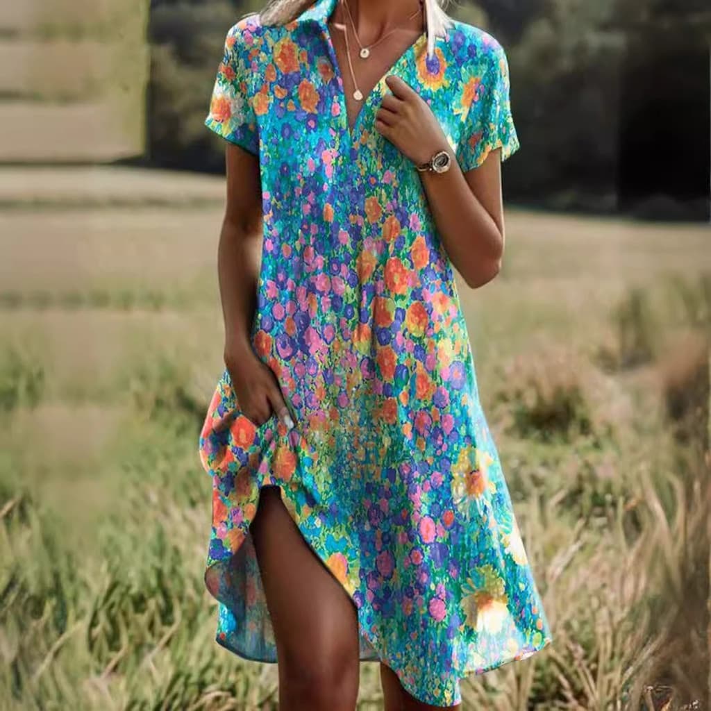[Estoque pronto] Novidade elegante/vestido feminino de manga curta estampado Casual com decote em V