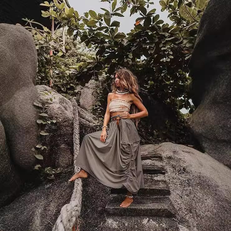 Saia Casual feminina 2026 novo estilo cordão grande bolso boêmio solto algodão orgânico saia longa