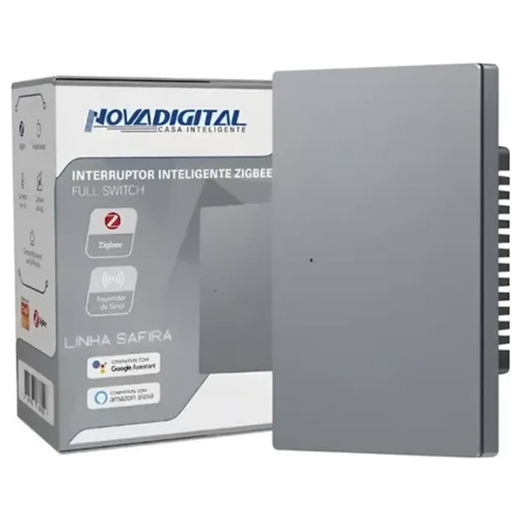 Interruptor Inteligente NovaDigital Safira Zigbee 1 Botão Vidro Temperado Preto 110-220V Compatível com Alexa Google