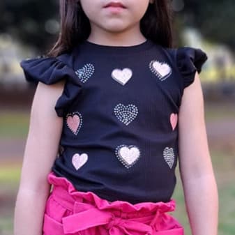Blusa Menina Infantil Cropped Coração Strass Predaria Manga Princesa