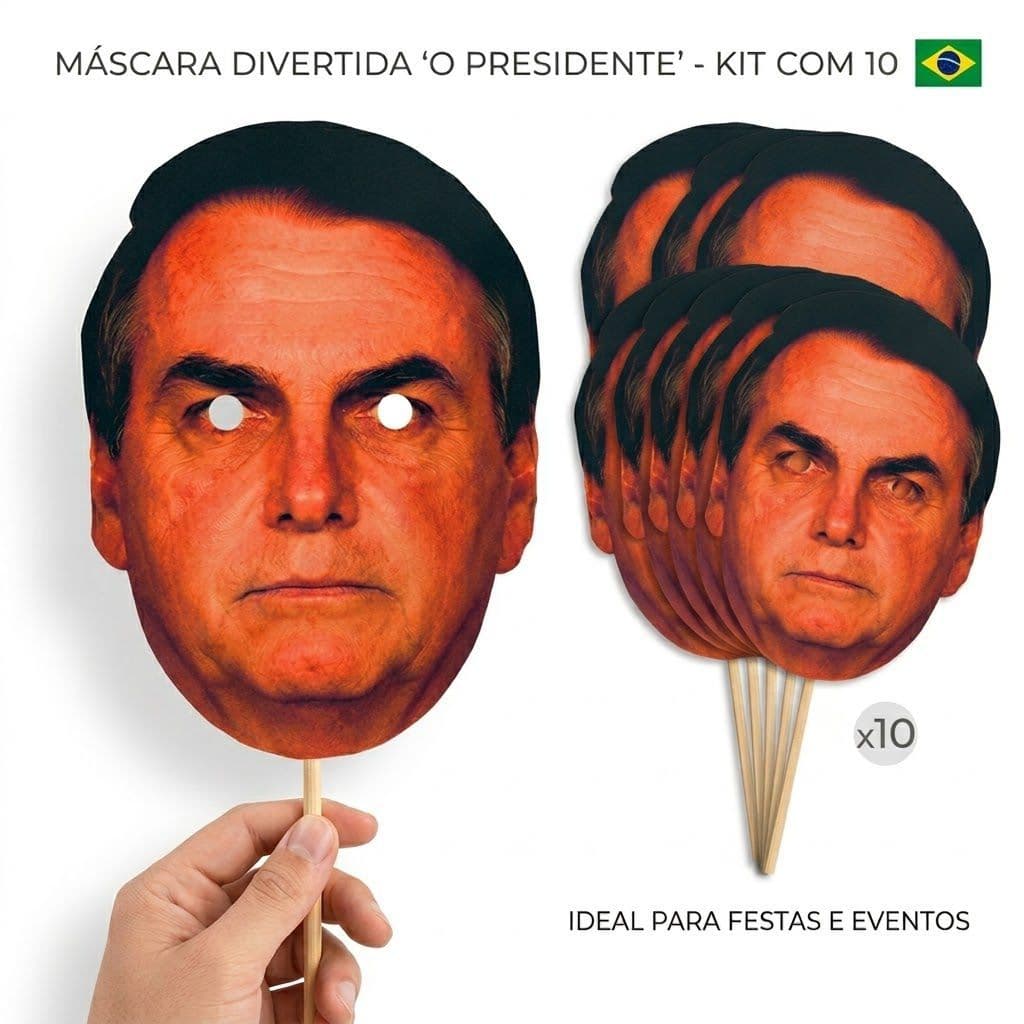 Kit 10 Máscara Rosto Bolsonaro presidente com Palito – Máscara Divertida para Festa, Politica, Eventos e Brincadeiras