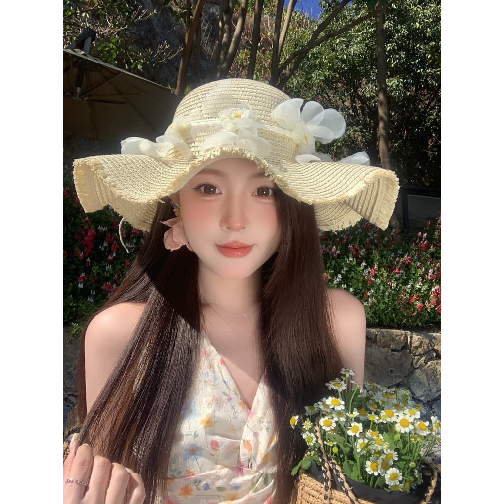 2026 novo estilo de renda francesa flor chapéu de palha feminino verão aba grande guarda-sol protetor solar estilo féria