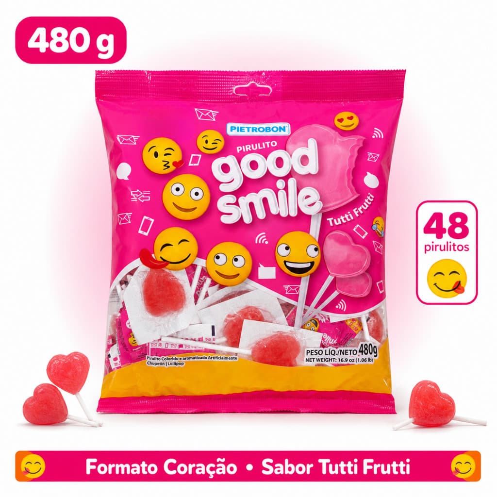 Pirulito Coração Tutti Frutti Pietrobon Frutas 480g 24 Unidades Sem Glúten Embalado Individual Festa e Lembrancinha