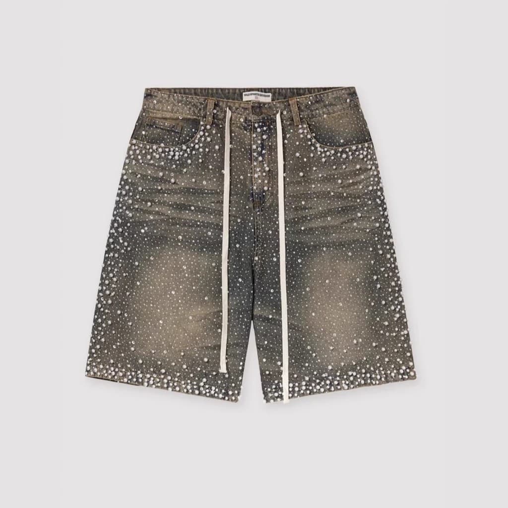 [Estilo mais vendido] Shorts jeans cheios de diamantes de venda quente Indústria pesada desgastada americana retrô solta
