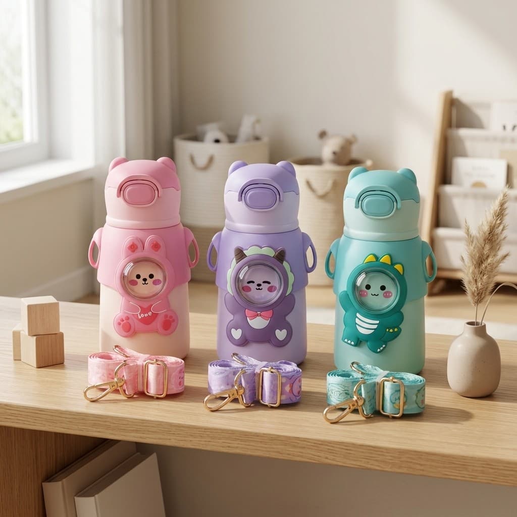 Garrafa Térmica Infantil Colorida com Alça 520ml com Canudo