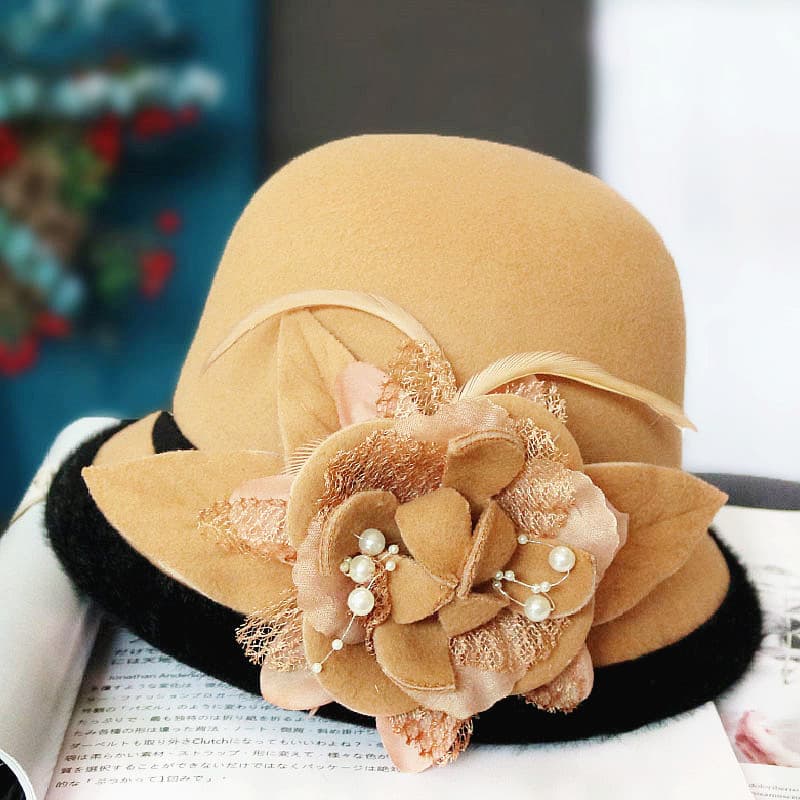 Senhoras chapéu outono inverno cúpula de lã pequeno chapéu superior versão coreana moda pérola flor balde chapéu senhora