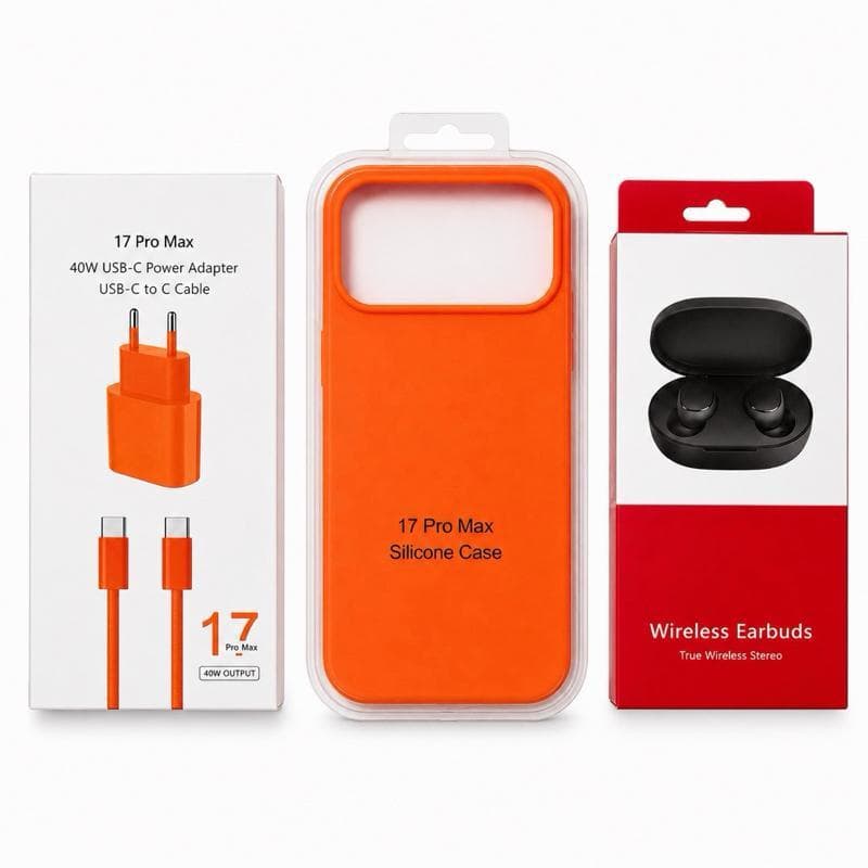 Kit iPhone 17 Pro Max  3 em 1 – Capinha + Carregador 40W + Fone de Ouvido iPhone 17 ProMax Laranja