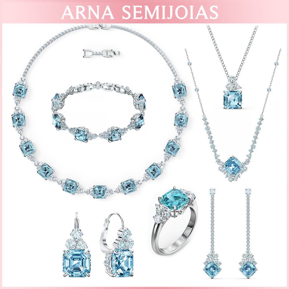 Colar, Pulseira e Brincos de Cristal Azul Brilhante, Incrustados com Zircônia, Banhados a Ródio S29 PQXH DVDJ
