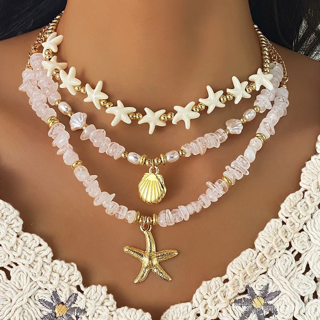 Joias: Colar de contas estilo praia, colar de pérolas artificiais, colar vintage de férias com estrelas-do-mar e conchas