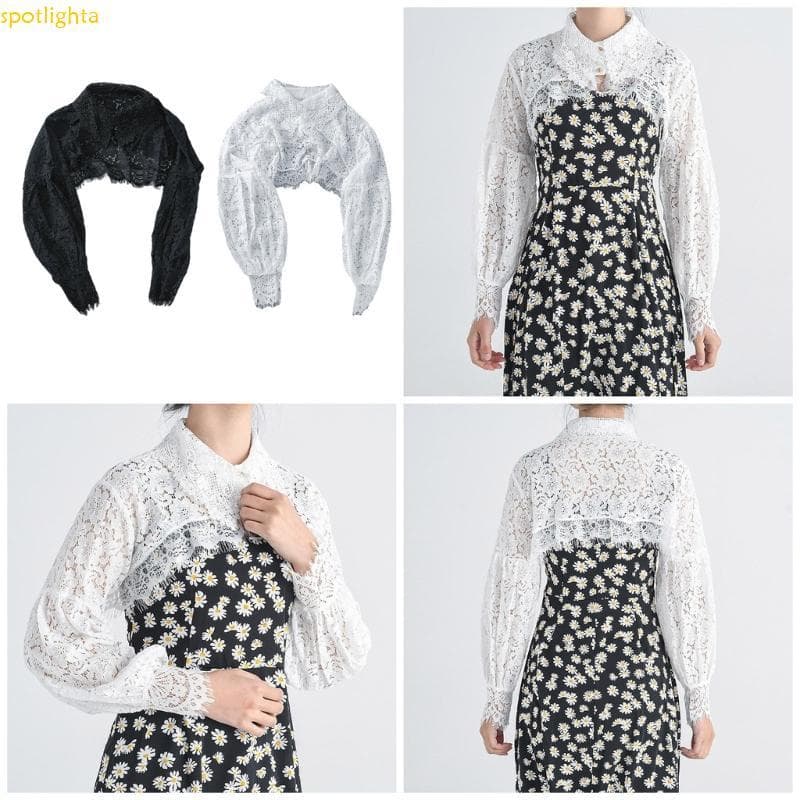 spotlighta Puff Longa Lapela Blusa Oca Cílios Floral Renda Destacável Colar