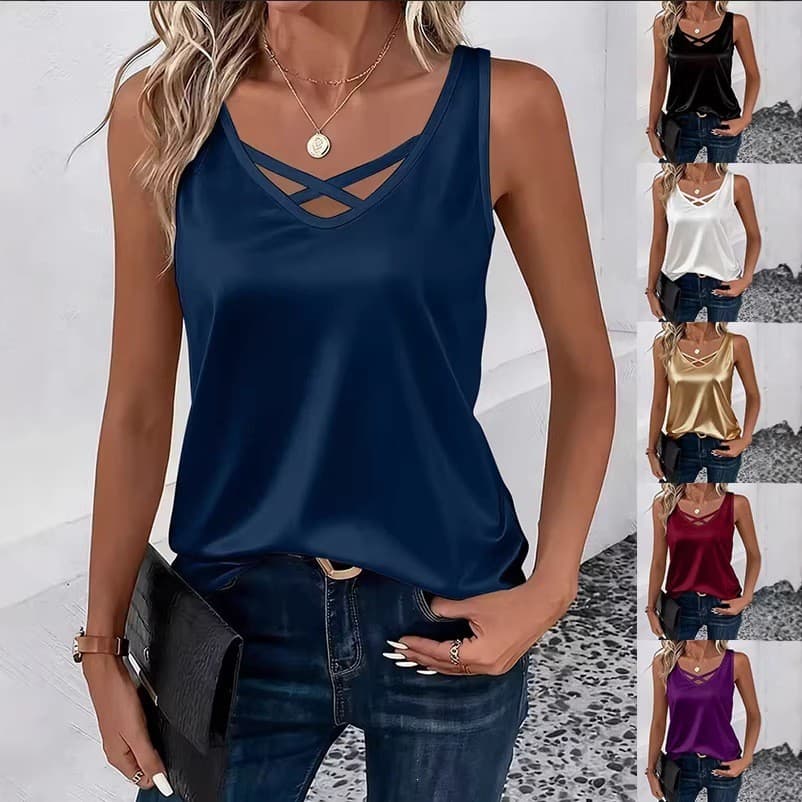 2026 Pulôver feminino elegante de cetim com decote em V sem mangas colete Top camiseta