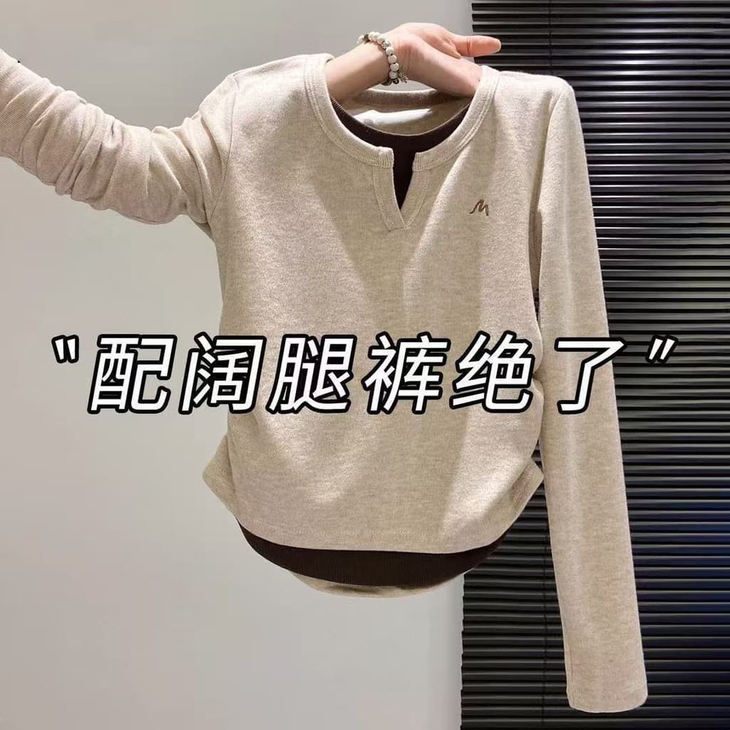 Top falso de duas peças americano quente menina falsa de duas peças de manga comprida camiseta feminina solta inverno co