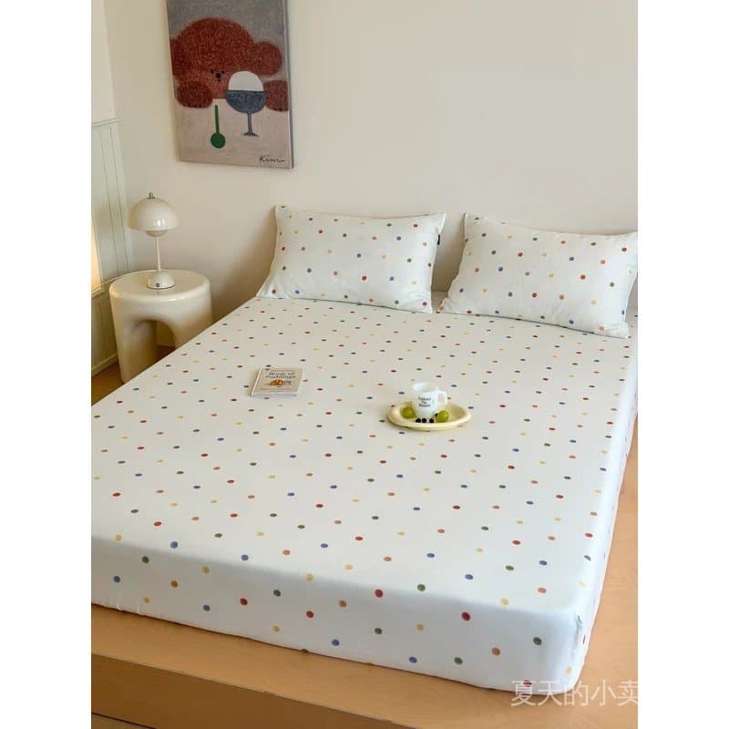 Lençóis de Cama 100% Algodão com Estampa de Bolinhas, Tamanhos Solteiro/Casal/Queen, Lençol Ajustável de Algodão Puro, L