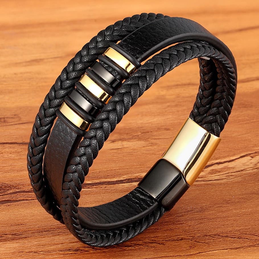 Pulseira masculina de couro preto com design de três camadas no estilo punk, acessório de aniversário em aço inoxidável,