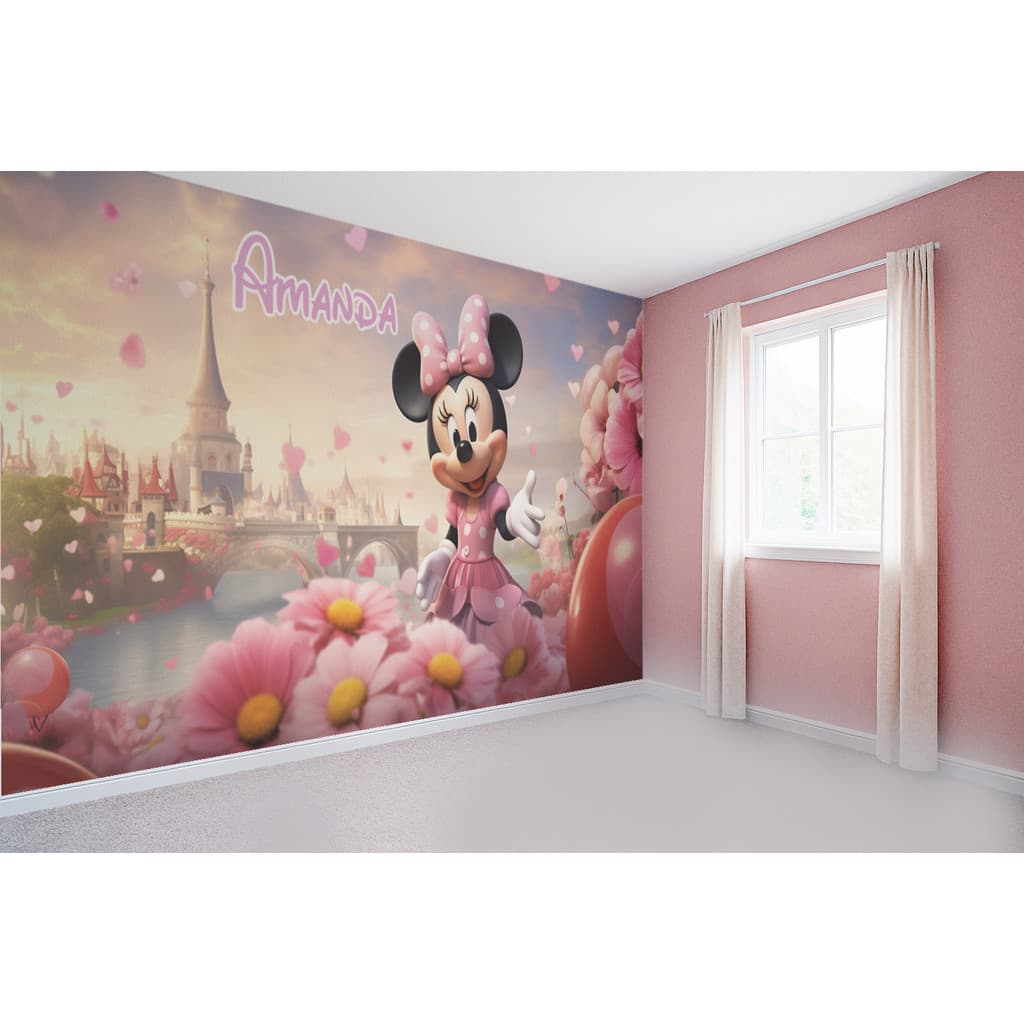 Papel de Parede Tema Minnie Rosa para quarto de menina + Nome  M² parede total