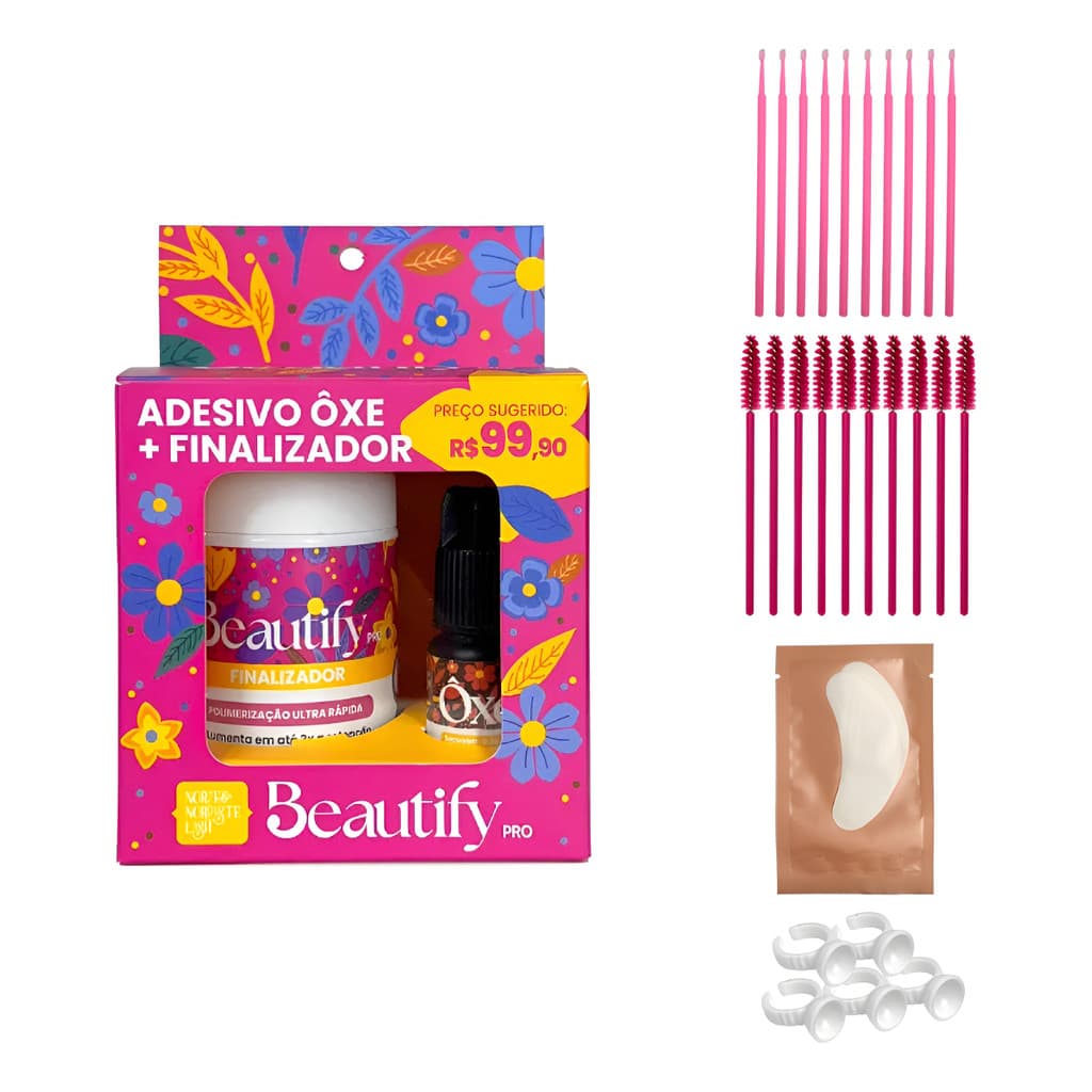 Kit Cílios Beautify Pro Cola Adesiva Ôxe Com Finalizador Rosa