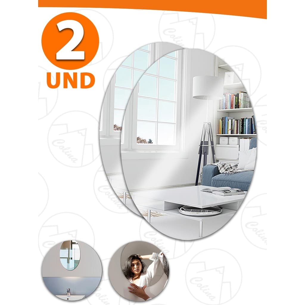 Kit 2x Espelho Placa 50x35 Adesivo Acrílico Oval Decorativo Quarto Sala Banheiro Envio Imediato