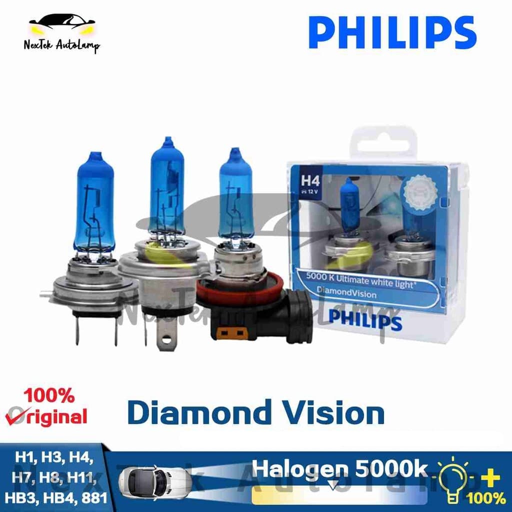 Philips Diamond Vision H1 H4 H7 H8 H11 HB3 HB4 H27/2 5000K Lâmpadas halógenas de luz branca para faróis de automóveis