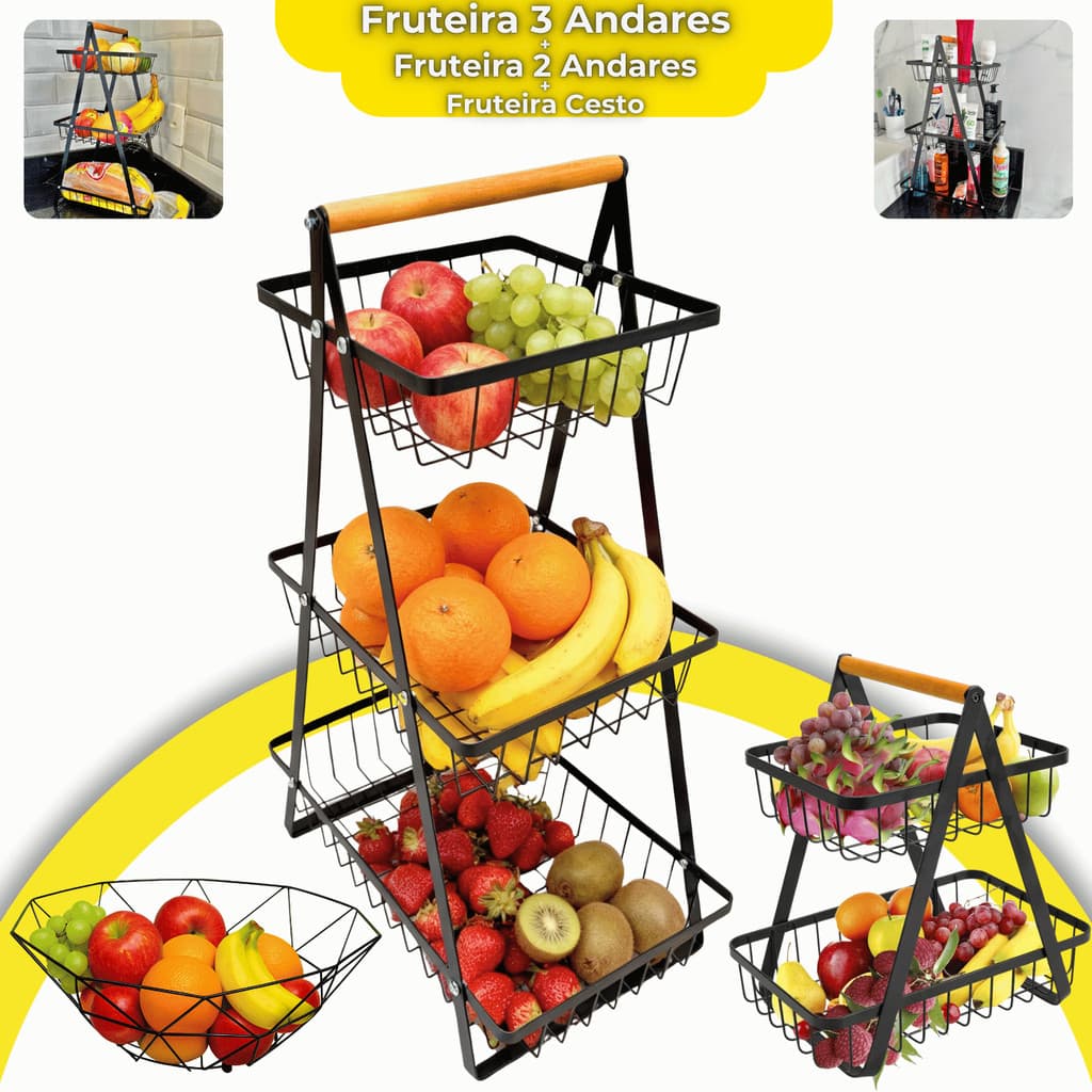 Fruteira De Mesa Organizador Frutas Cesto Metal Aramado Multiuso Legumes Luxo Premium 2 3 Andares