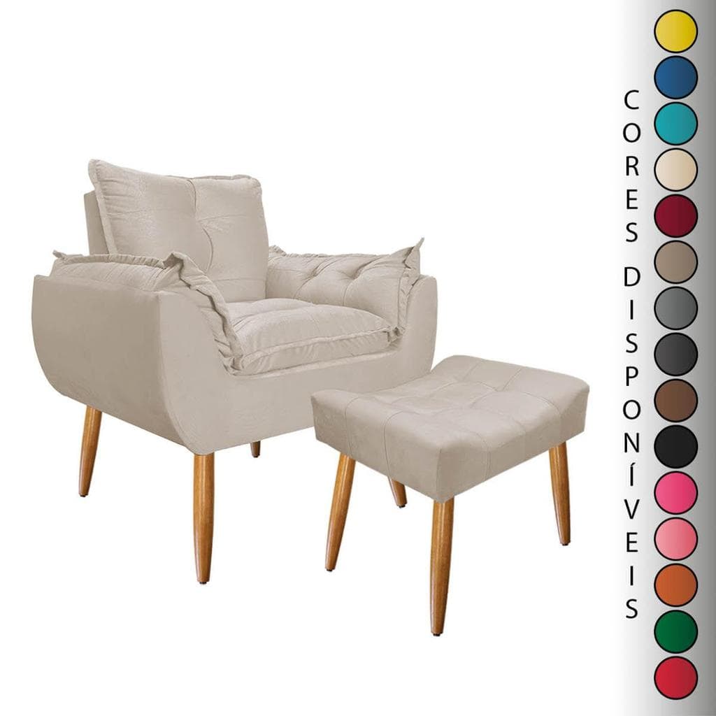 Kit Poltrona Para Sala Decorativa Opala e Puff Requinte Suede Aninha Decor