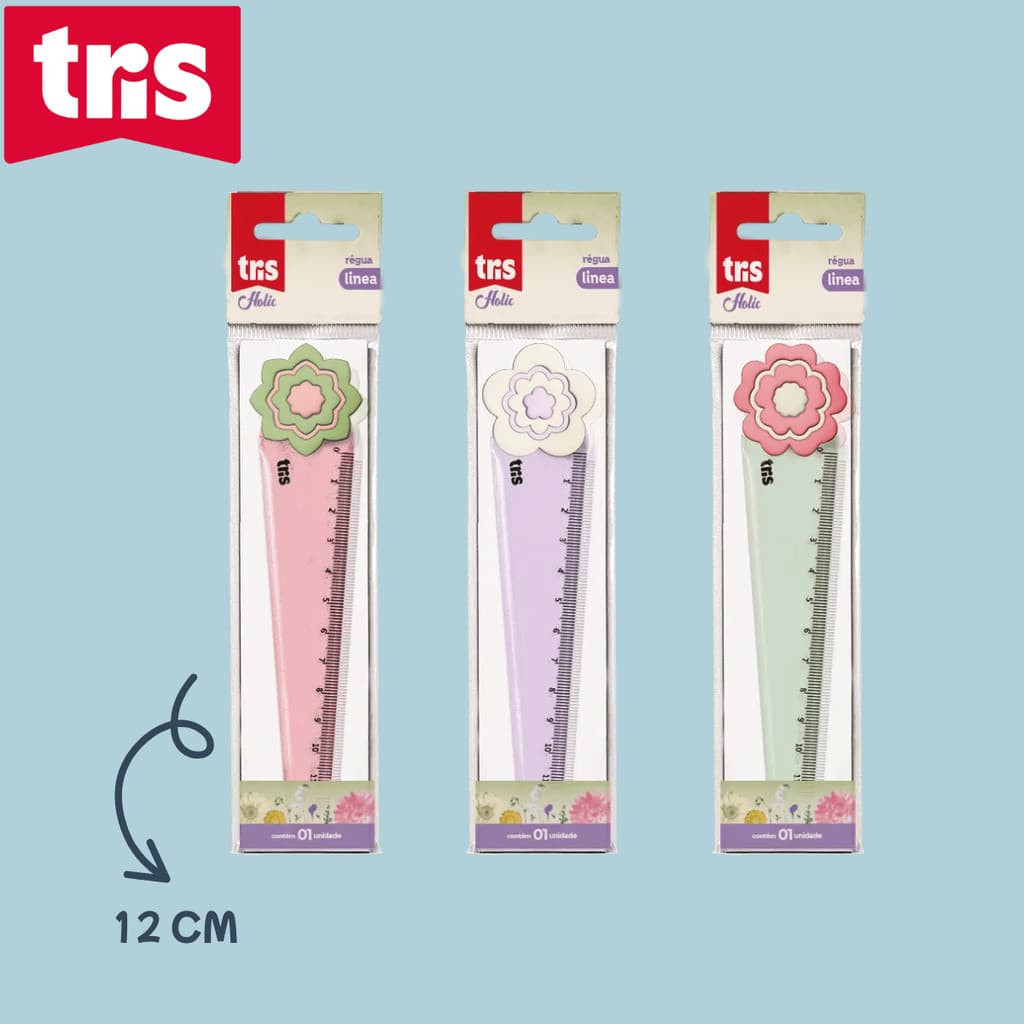 Régua Plástica Linea Holic Delicata Tris 12cm | Floral Romântica c/ Topper Emborrachado | Transparente