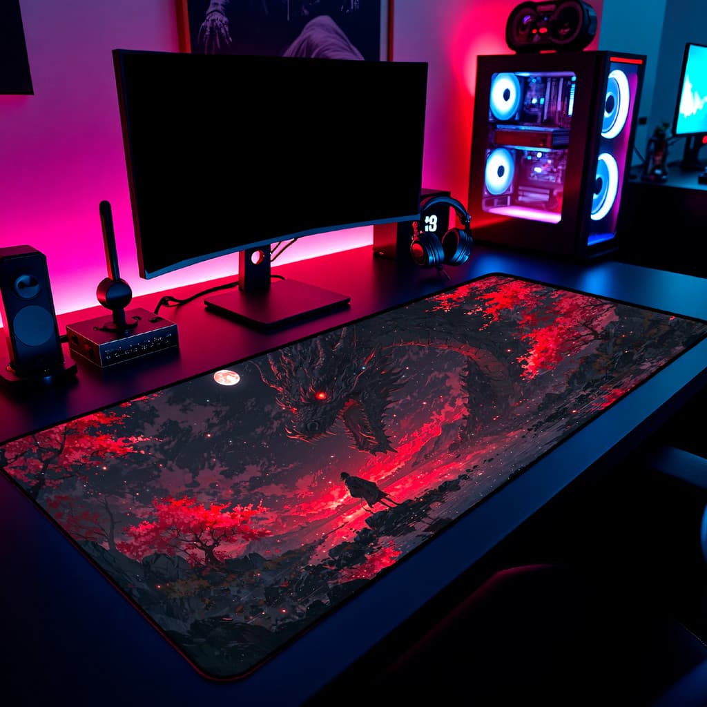 Mouse Pad Gamer Oriental Dragão e Luz do Luar 65x30cm / 80x40cm / 90x50cm / 120x60cm / Borda Costurada