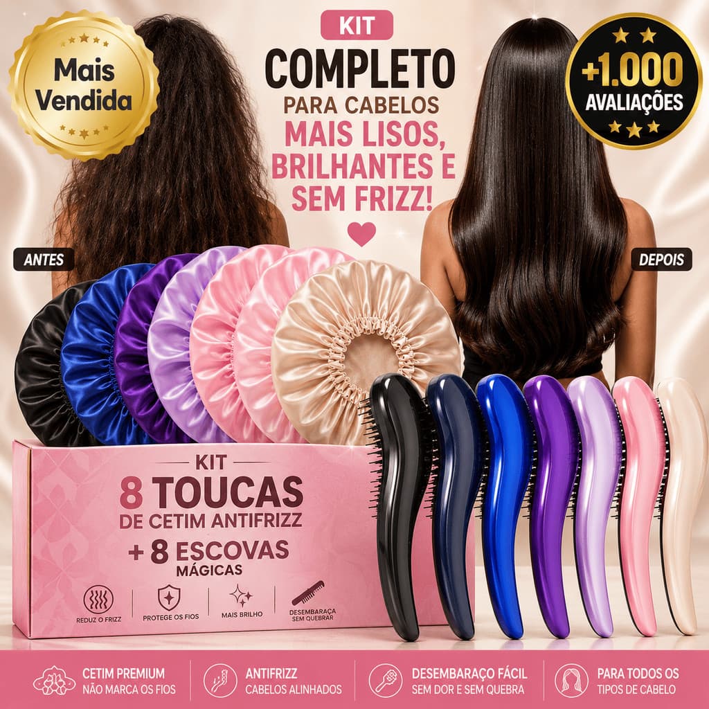 Kit Completo 8 Toucas de Cetim Antifrizz + 8 Escovas Mágicas | Reduz Frizz, Protege os Fios e Desembaraça Fácil | Todos