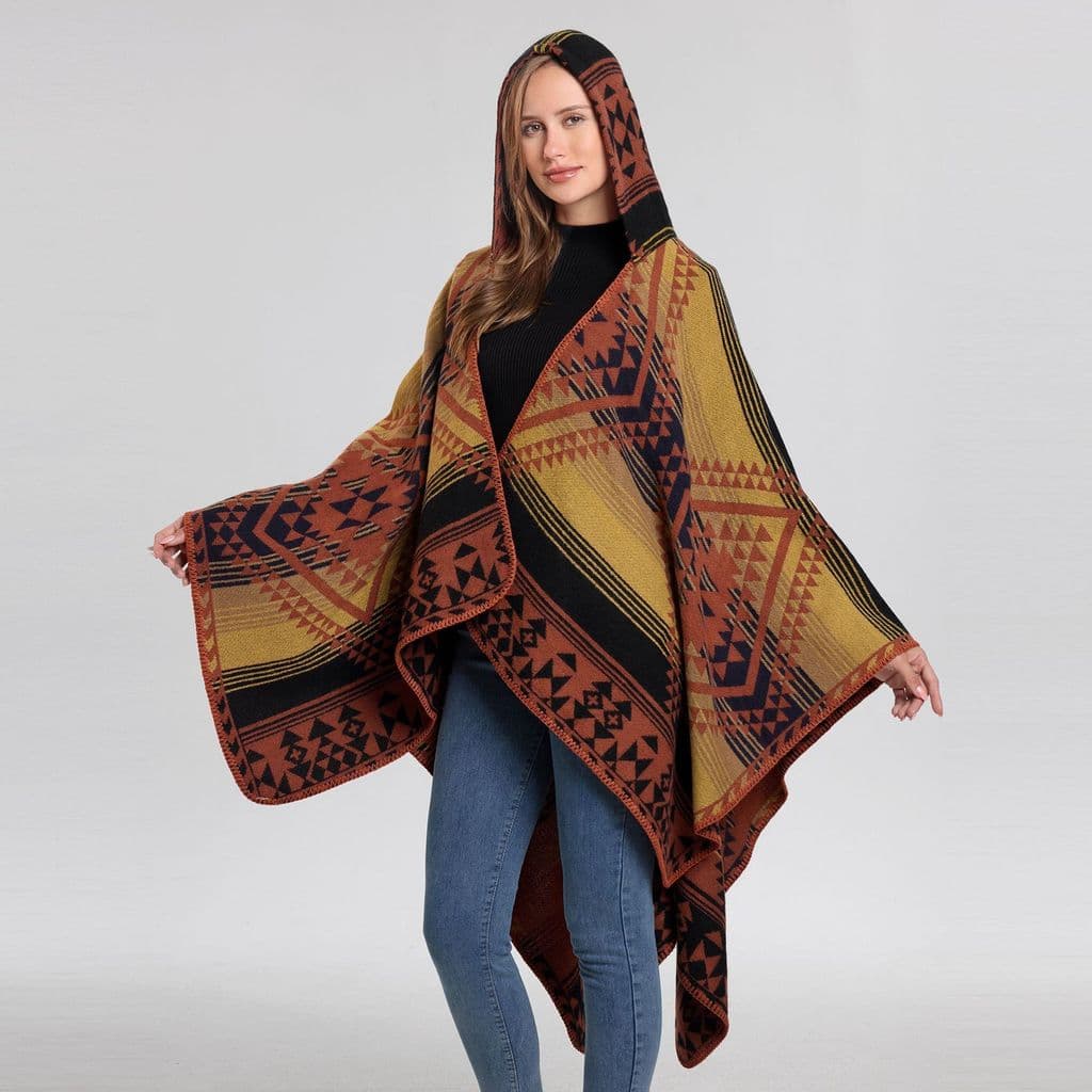 Xale étnico feminino Retro Jacquard quente grande cachecol diamante fenda capa com capuz
