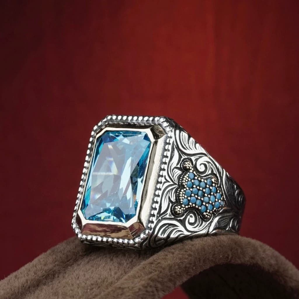Anel Masculino Estilo Étnico Vintage, Incrustado com Zircônia Azul Marinho, Acessório Elegante NIYZ 84H0