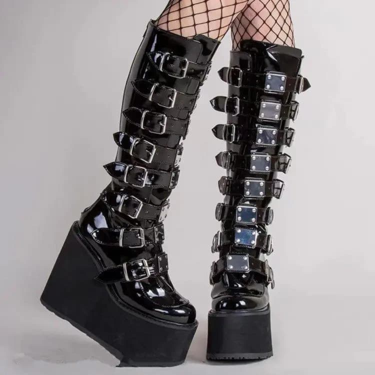Botas Punk Femininas para Cosplay, Botas Altas Confortáveis de Cano Longo em Couro, Botas Pretas com Plataforma e Salto
