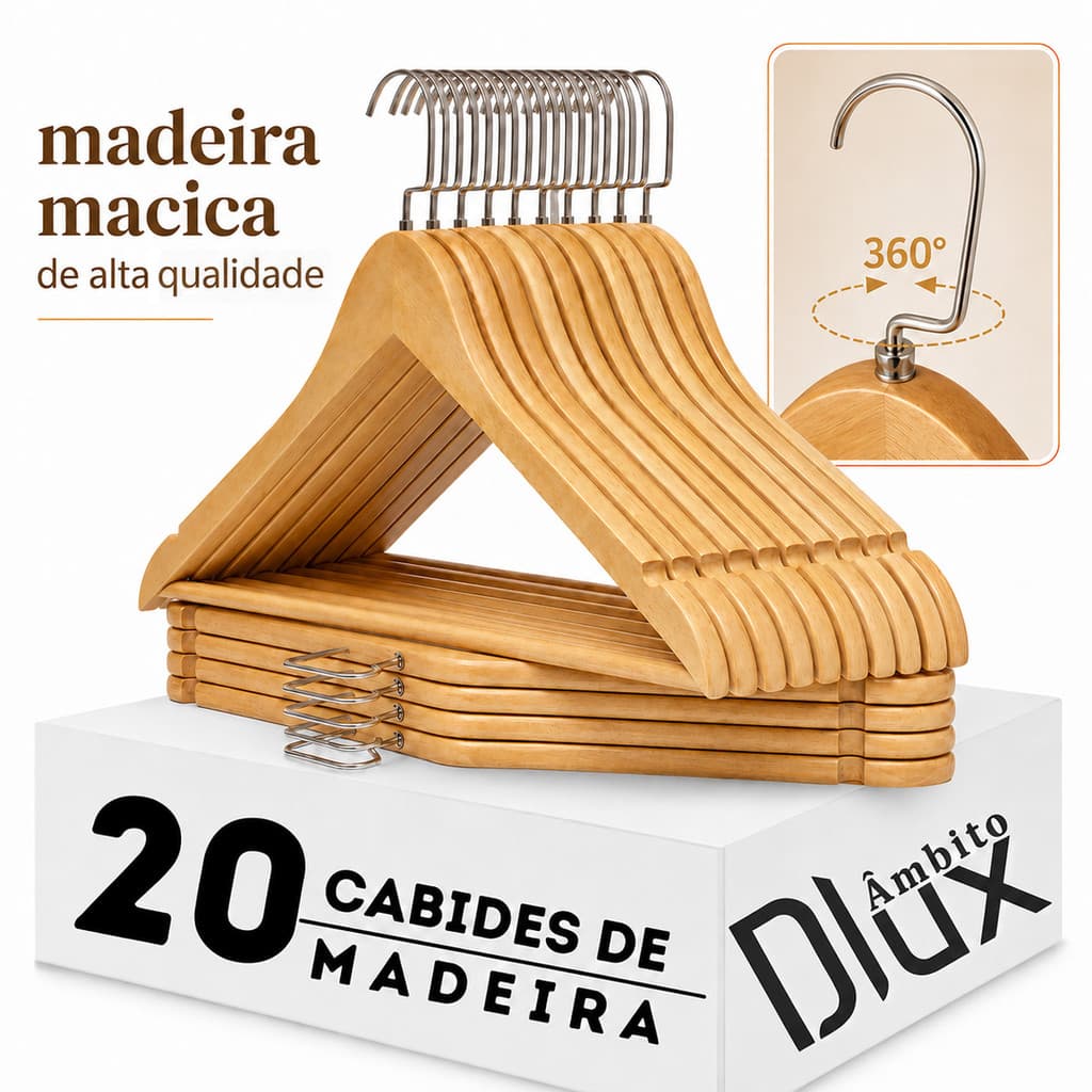 Ambito Dlux Kit 20 Cabides de Madeira Maciça Premium 44cm 3D Curvo Antimarcas Gancho 360° Closet