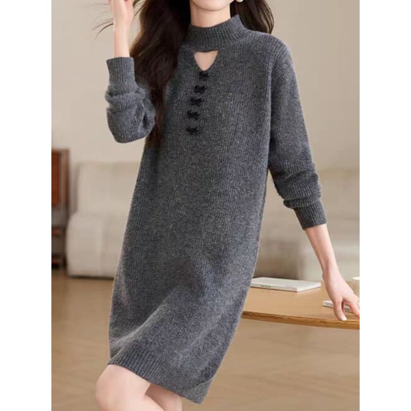 Novo vestido feminino solto de lã de comprimento médio 2025, adequado para mulheres mais baixas, versão mais vendida 7WO