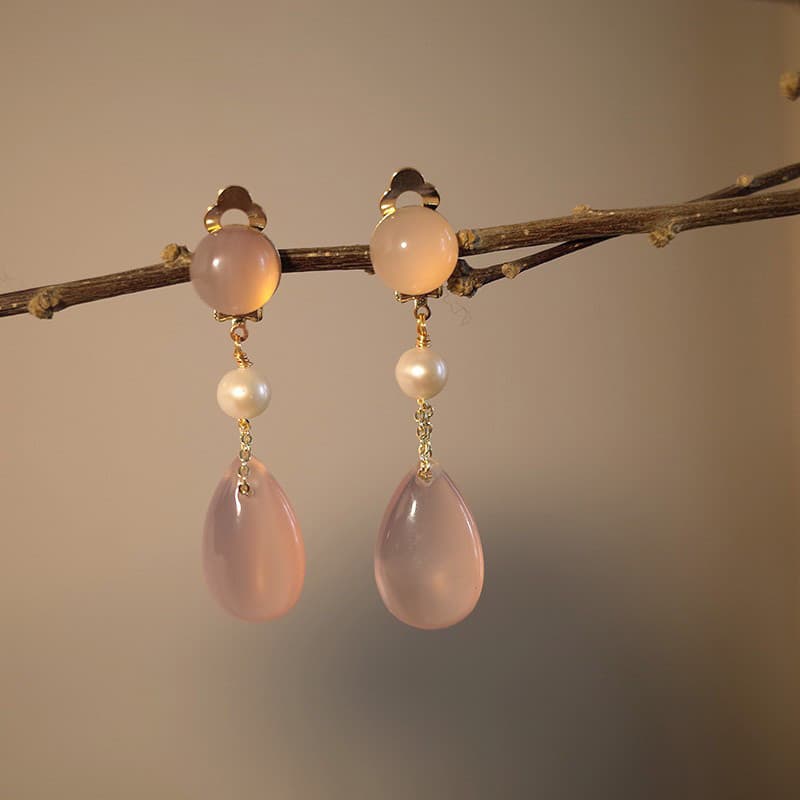 [Estoque pronto] Rouge novo estilo chinês temperamento estilo chinês rosa gota de água brincos suaves clipes de orelha H