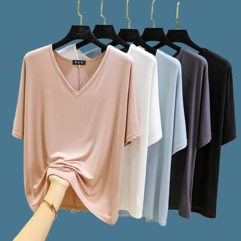 Verão Modal solto com decote em V manga curta camiseta feminina Plus Size topo simples cor sólida gordura mm camisa de f