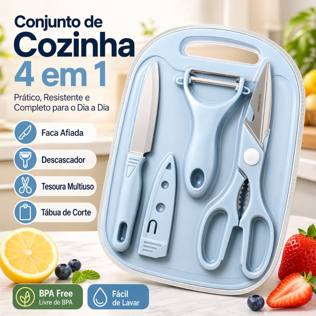 Kit 4 Utensílios De Cozinha Com Tábua Faca Tesoura Descascador Compacto Portátil para Cozinha