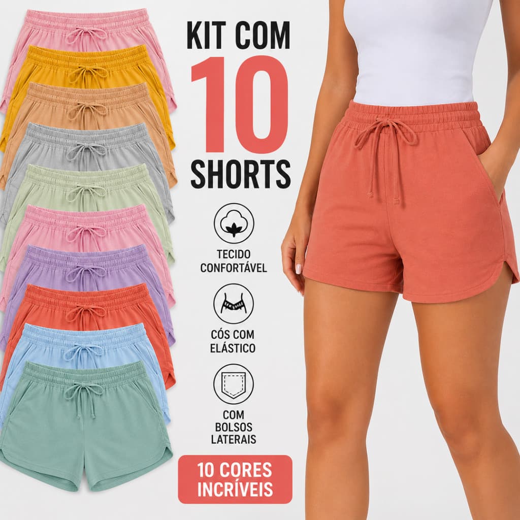 Kit 10 Shorts Femininos Cintura Alta com Bolso e Cordão Casual Confortável