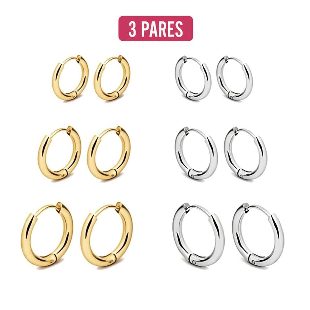 Kit Brincos Argola Aço Inoxidável 316L Click 3 Pares Dourado Prata Unissex