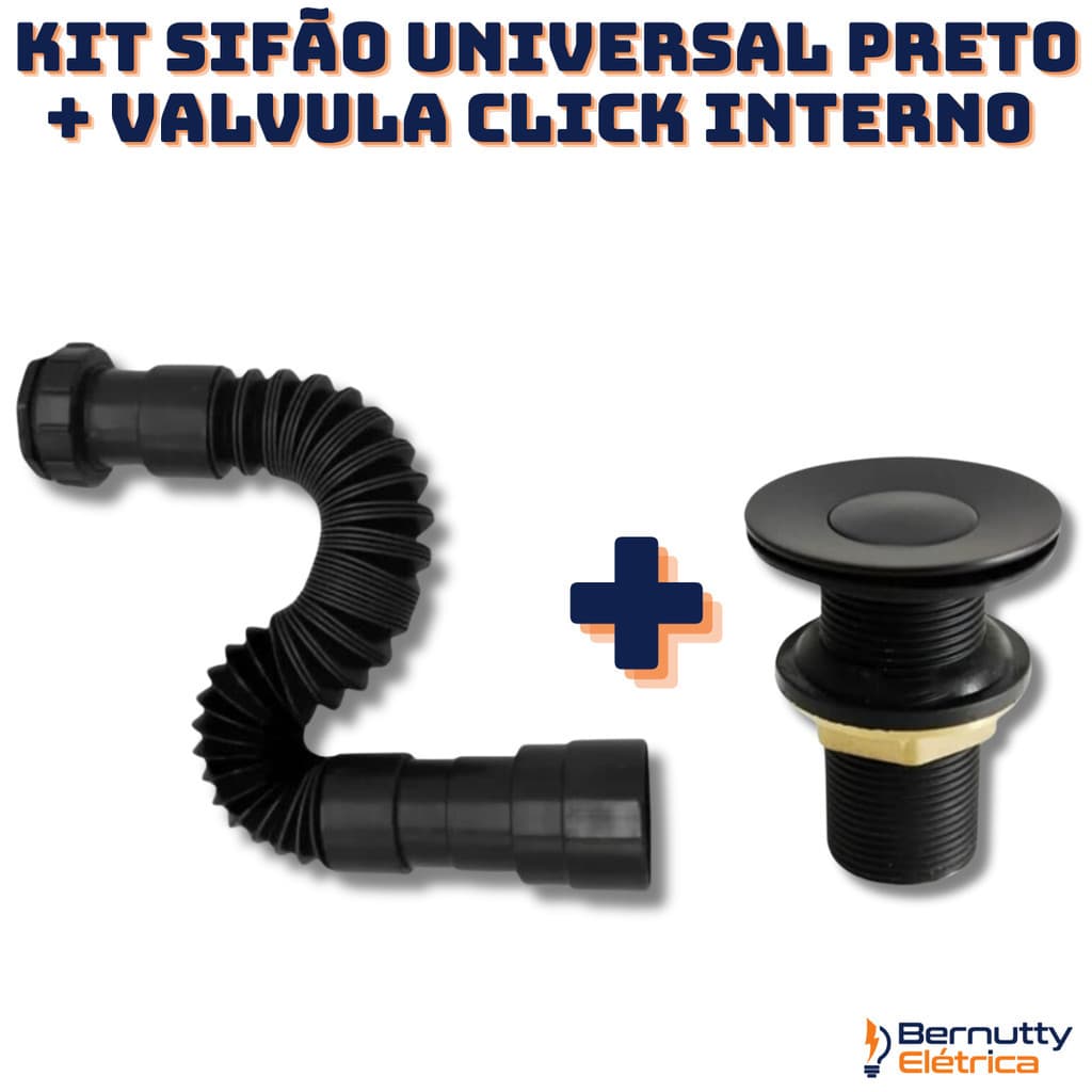 Kit Sifão Universal Preto + Válvula Click Interno Preto 7/8