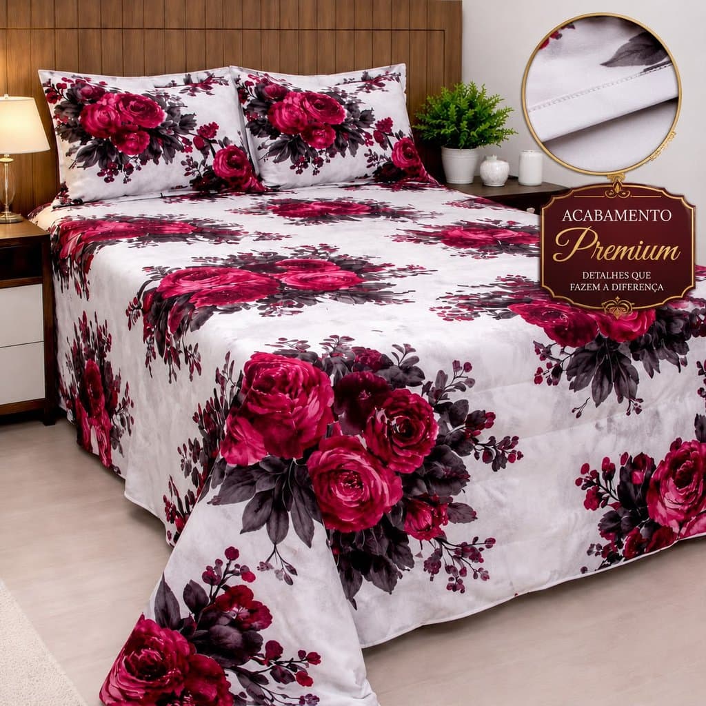 Lençol de Cama Casal Queen Premium Kit Colcha Floral Super Macia Cobre Leito Casal Queen com 2 Fronhas Toque Aveludado