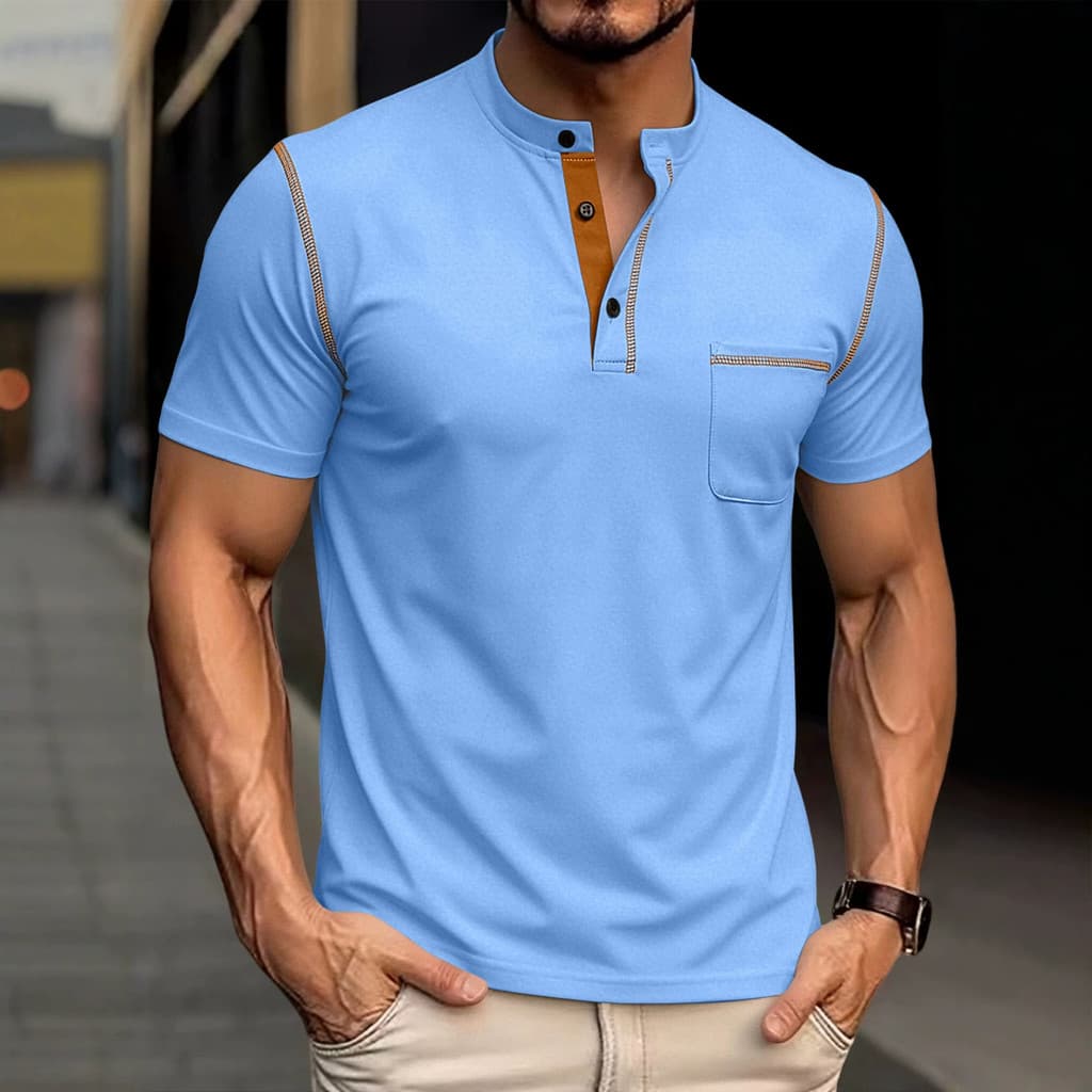 Masculino Henry Collar Sarja Pequena Manga Curta Comércio Exterior Secagem Rápida Respirável Solto Casual Americano Micr