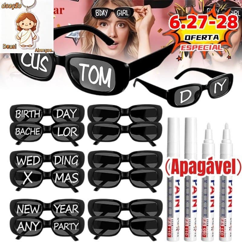 Oculos Vintage Retro Preto Liso + Caneta Giz Festa Casamento Evento Balada Despedidas Cor Preto-HL