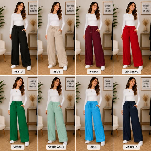 Calça Pantalona Feminina em Tecido Duna com Amarração e Bolsos