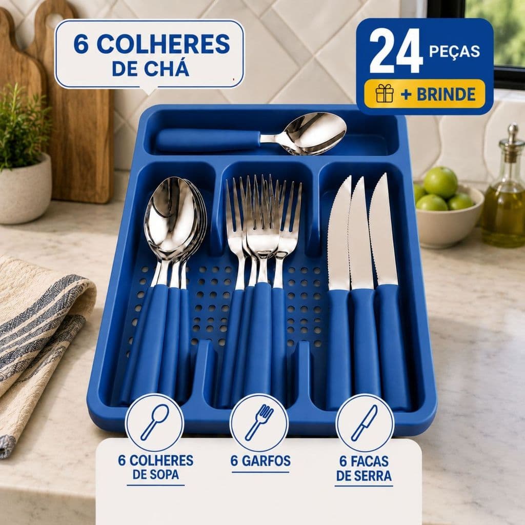 Jogo Talheres Faqueiro 24 Peças Inox com Suporte para Organizar Cozinha