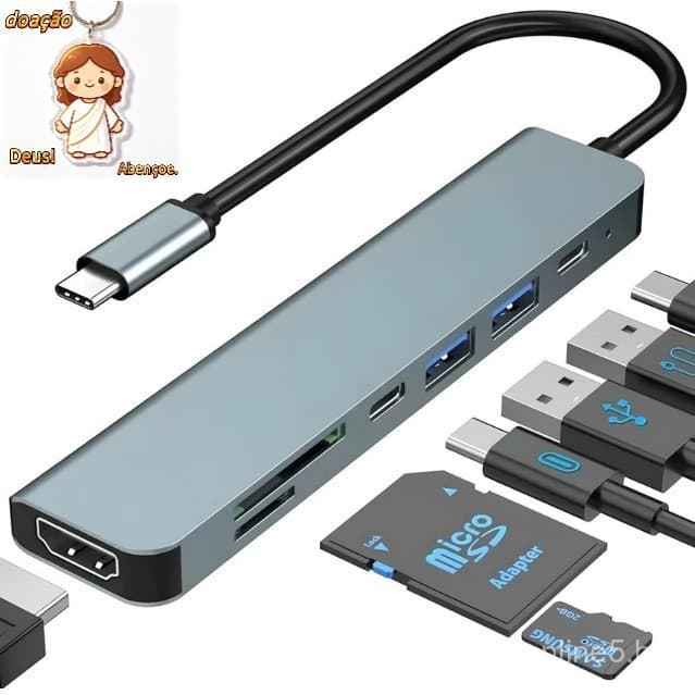 Hub Adaptador 7 Em 1 Tipo C com 7 portas HDMI SD TF USB 2.0 USB 3.0 Usb-c