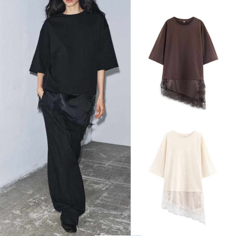 Nova camiseta feminina estilo europeu-americano, moda simples, costura solta, renda 4813858 UOJI