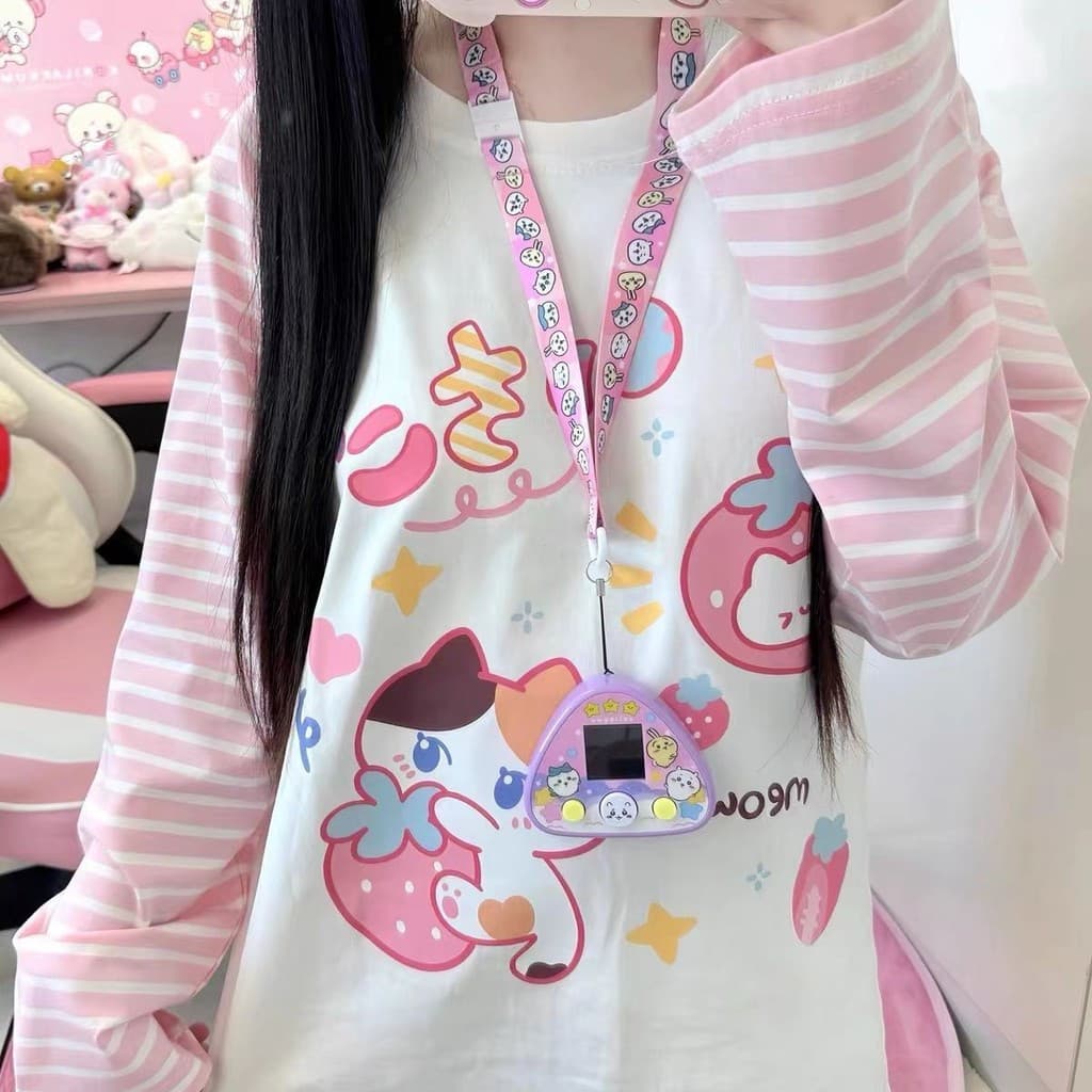 Camiseta Feminina de Manga Longa com Estampa Fofa, Rosa Doce e Elegante, Coleção 123